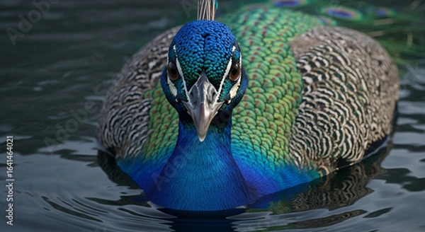 Fototapeta  Close-up of a majestic adult peacock’s head and upper body emerging from dark murky water, vibrant iridescent blue and green feathers with gold highlights, sharp beak, and dramatic lighting emphasizi