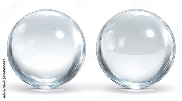 Fototapeta Two clear, smooth spheres, slightly frosted, on a white background