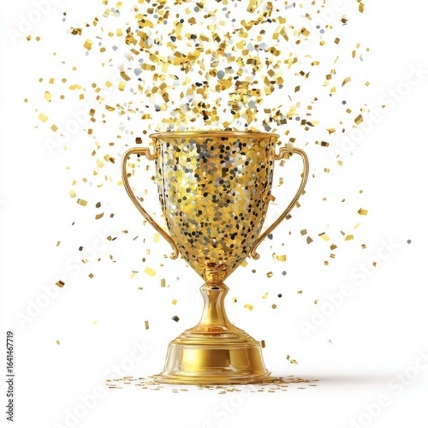 Fototapeta Gold trophy with gold and silver confetti explosion on a white background