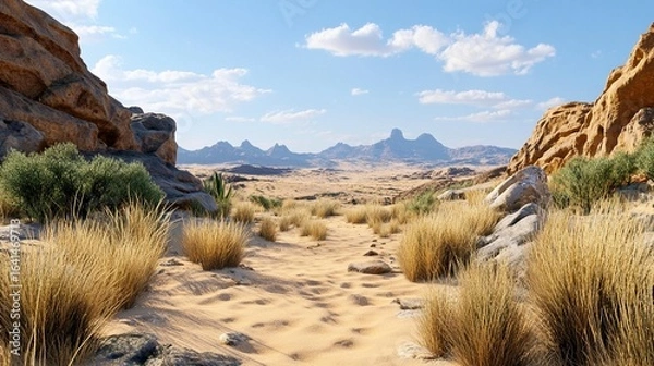 Obraz Desert Landscape: Sand, Rocks, and Plants