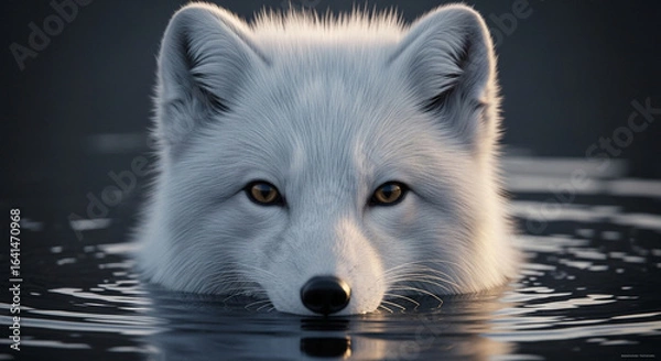Fototapeta  Close-up of a vigilant adult arctic fox with thick pure white fur and soft fluffy texture emerging from dark murky water, sharp dark eyes, and dramatic lighting highlighting its keen and intense expr