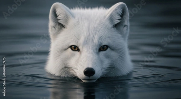 Fototapeta  Close-up of a vigilant adult arctic fox with thick pure white fur and soft fluffy texture emerging from dark murky water, sharp dark eyes, and dramatic lighting highlighting its keen and intense expr