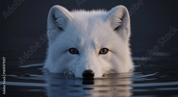 Fototapeta  Close-up of a vigilant adult arctic fox with thick pure white fur and soft fluffy texture emerging from dark murky water, sharp dark eyes, and dramatic lighting highlighting its keen and intense expr