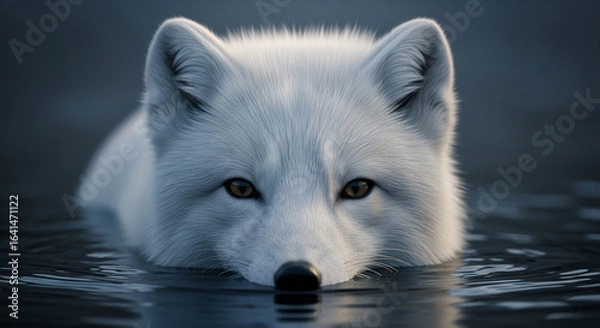 Fototapeta  Close-up of a vigilant adult arctic fox with thick pure white fur and soft fluffy texture emerging from dark murky water, sharp dark eyes, and dramatic lighting highlighting its keen and intense expr