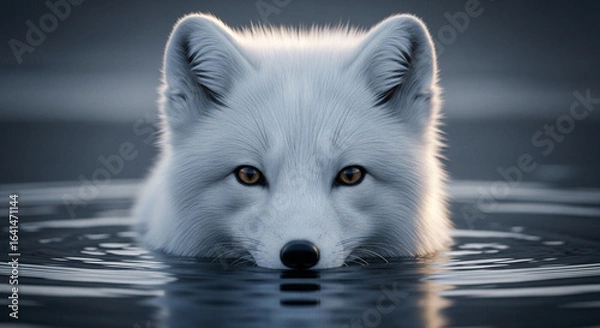Fototapeta  Close-up of a vigilant adult arctic fox with thick pure white fur and soft fluffy texture emerging from dark murky water, sharp dark eyes, and dramatic lighting highlighting its keen and intense expr