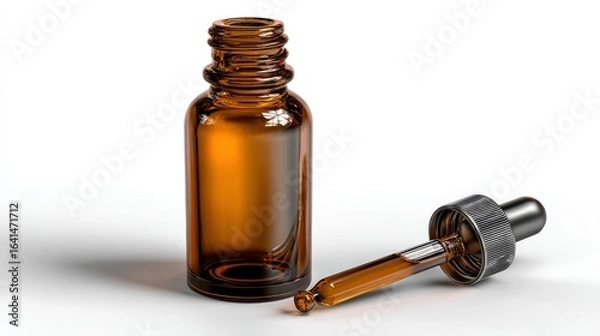 Obraz Amber Glass Dropper Bottle with Detached Dropper on White Surface Photorealistic Packaging