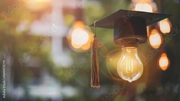 Fototapeta Light Bulb Graduation Cap: Graduates Wearing Mortarboards with Glowing Bulbs – Symbolizing Innovation, Creativity & Bright Futures in Ceremony Scenes with Gowns, Diplomas & Campus Backdrops