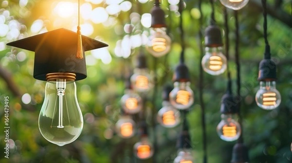 Fototapeta Light Bulb Graduation Cap: Graduates Wearing Mortarboards with Glowing Bulbs – Symbolizing Innovation, Creativity & Bright Futures in Ceremony Scenes with Gowns, Diplomas & Campus Backdrops