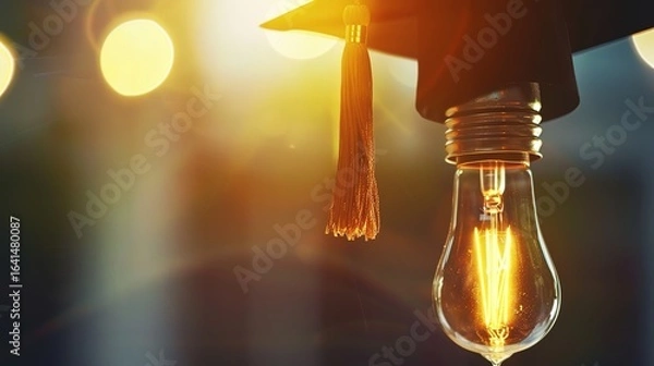 Fototapeta Light Bulb Graduation Cap: Graduates Wearing Mortarboards with Glowing Bulbs – Symbolizing Innovation, Creativity & Bright Futures in Ceremony Scenes with Gowns, Diplomas & Campus Backdrops