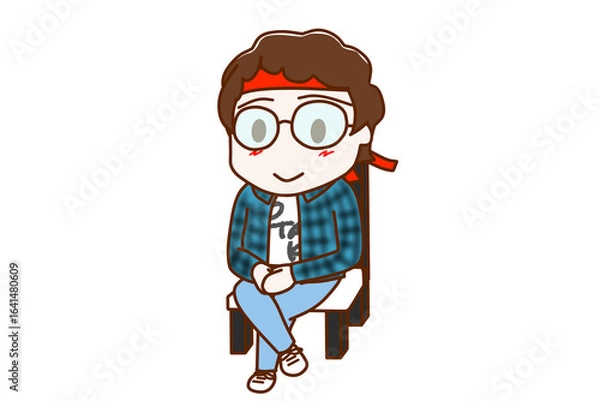 Fototapeta （全身斜め）椅子に笑顔で足を組んで座っているメガネをかけたオタク