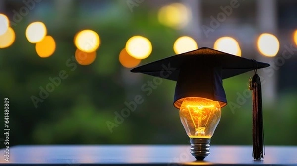 Fototapeta Light Bulb Graduation Cap: Graduates Wearing Mortarboards with Glowing Bulbs – Symbolizing Innovation, Creativity & Bright Futures in Ceremony Scenes with Gowns, Diplomas & Campus Backdrops