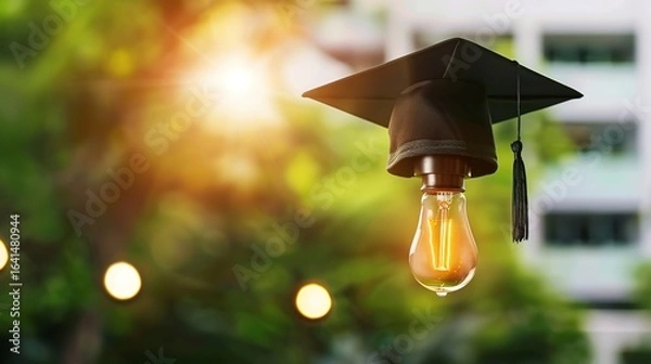 Fototapeta Light Bulb Graduation Cap: Graduates Wearing Mortarboards with Glowing Bulbs – Symbolizing Innovation, Creativity & Bright Futures in Ceremony Scenes with Gowns, Diplomas & Campus Backdrops