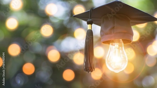 Fototapeta Light Bulb Graduation Cap: Graduates Wearing Mortarboards with Glowing Bulbs – Symbolizing Innovation, Creativity & Bright Futures in Ceremony Scenes with Gowns, Diplomas & Campus Backdrops