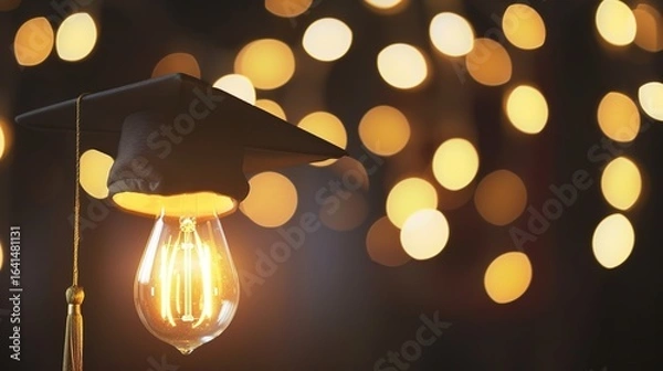 Fototapeta Light Bulb Graduation Cap: Graduates Wearing Mortarboards with Glowing Bulbs – Symbolizing Innovation, Creativity & Bright Futures in Ceremony Scenes with Gowns, Diplomas & Campus Backdrops