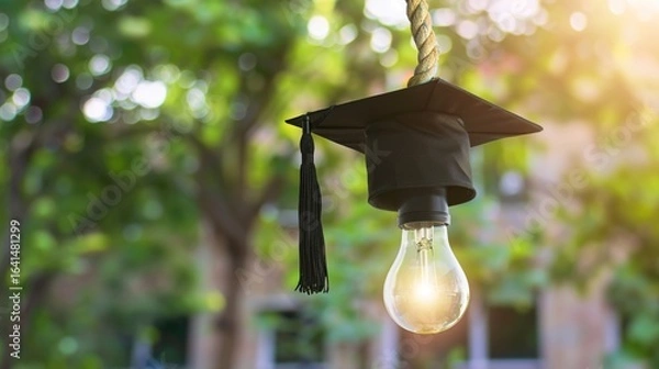 Fototapeta Light Bulb Graduation Cap: Graduates Wearing Mortarboards with Glowing Bulbs – Symbolizing Innovation, Creativity & Bright Futures in Ceremony Scenes with Gowns, Diplomas & Campus Backdrops