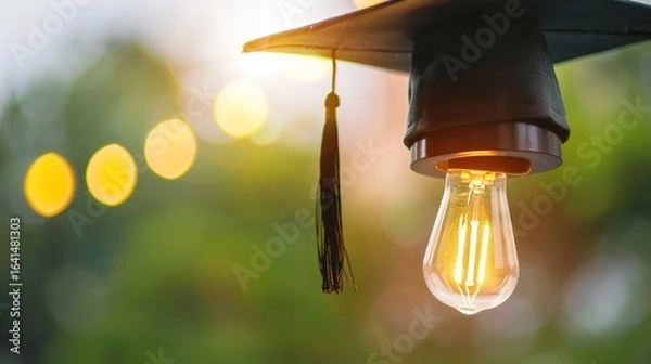 Fototapeta Light Bulb Graduation Cap: Graduates Wearing Mortarboards with Glowing Bulbs – Symbolizing Innovation, Creativity & Bright Futures in Ceremony Scenes with Gowns, Diplomas & Campus Backdrops