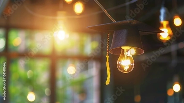 Fototapeta Light Bulb Graduation Cap: Graduates Wearing Mortarboards with Glowing Bulbs – Symbolizing Innovation, Creativity & Bright Futures in Ceremony Scenes with Gowns, Diplomas & Campus Backdrops