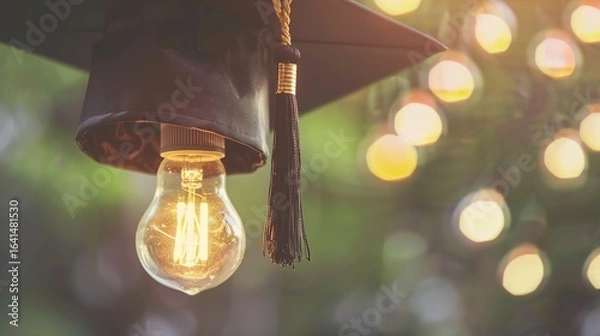 Fototapeta Light Bulb Graduation Cap: Graduates Wearing Mortarboards with Glowing Bulbs – Symbolizing Innovation, Creativity & Bright Futures in Ceremony Scenes with Gowns, Diplomas & Campus Backdrops
