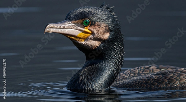 Fototapeta  Close-up of an adult cormorant with sleek glossy black feathers and vibrant emerald green eyes emerging from dark murky water, long hooked beak, and dramatic lighting highlighting its sharp and inten