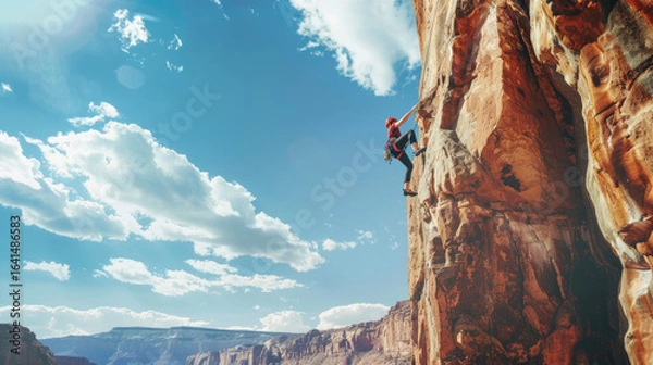 Fototapeta Adventurous Rock Climber Scaling a Steep Cliff Against a Stunning Blue Sky with Dramatic Clouds in a Majestic Canyon Landscape
