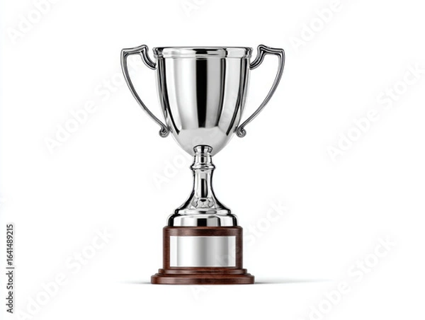 Obraz Silver trophy cup with wooden base, isolated on white background, symbolizing achievement, success, and victory, often used for sports or competition awards