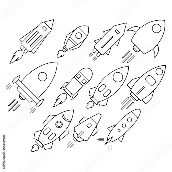 Obraz Rocket Outline Icon Set – Minimalist Space Shuttle Vector Illustrations