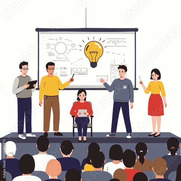 Obraz A diverse team of professionals delivers an engaging business presentation on stage, sharing innovative ideas and strategic insights with an attentive audience.