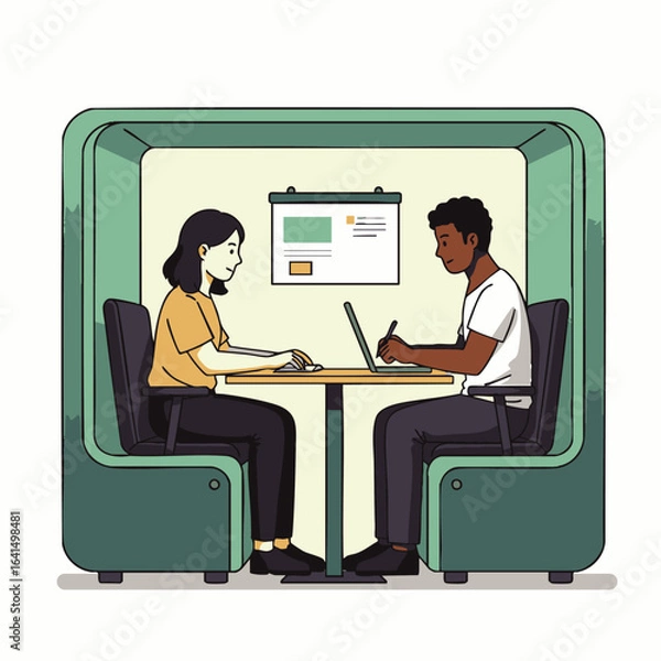 Obraz Two diverse professionals collaborate intently within a modern, semi-private office pod, utilizing technology for an efficient and focused discussion.