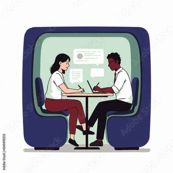 Obraz Diverse professionals collaborate in a modern, soundproof office pod, symbolizing focused productivity and private communication within a contemporary work environment.