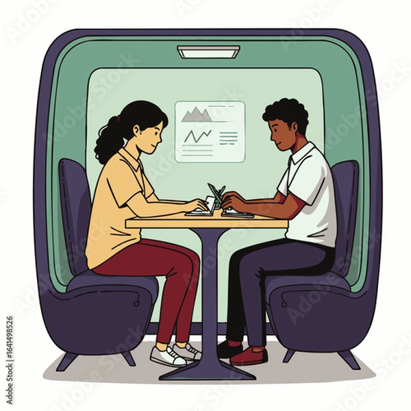 Obraz Two diverse professionals diligently work on laptops within a sleek, modern private office pod, symbolizing focused productivity and contemporary collaboration.