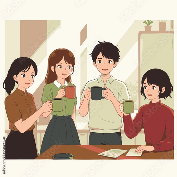 Obraz Four diverse young adults enjoy a relaxed coffee break, engaging in friendly conversation and fostering collaborative ideas in a bright, modern office environment.
