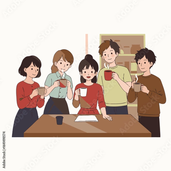Obraz A vibrant vector illustration captures five diverse individuals, both men and women, enjoying a relaxed coffee or tea break together, fostering connection.