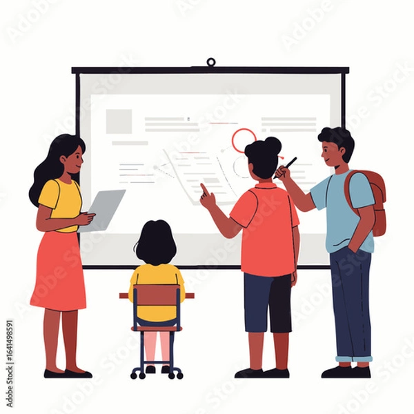 Obraz Diverse group of students and educators collaborating on a project using a modern projector screen in an engaging learning environment.