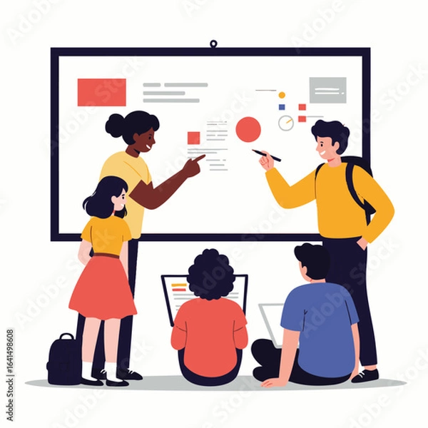 Obraz Diverse students and professionals actively collaborate on a whiteboard, analyzing data and discussing ideas in a dynamic learning environment.