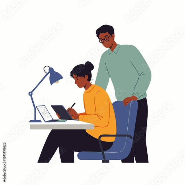 Obraz Two diverse individuals are actively engaged in a collaborative digital project, emphasizing teamwork, mentorship, and shared innovation in a modern office setting.