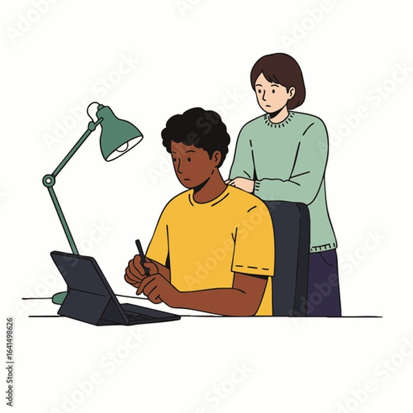 Obraz An illustration depicts a young person studying intently at a desk with a lamp, while another individual observes their progress, highlighting themes of education and support.