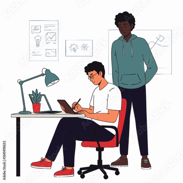 Obraz Two young male graphic designers are collaborating on a digital art project, with one sketching on a tablet while the other observes in a modern creative studio.