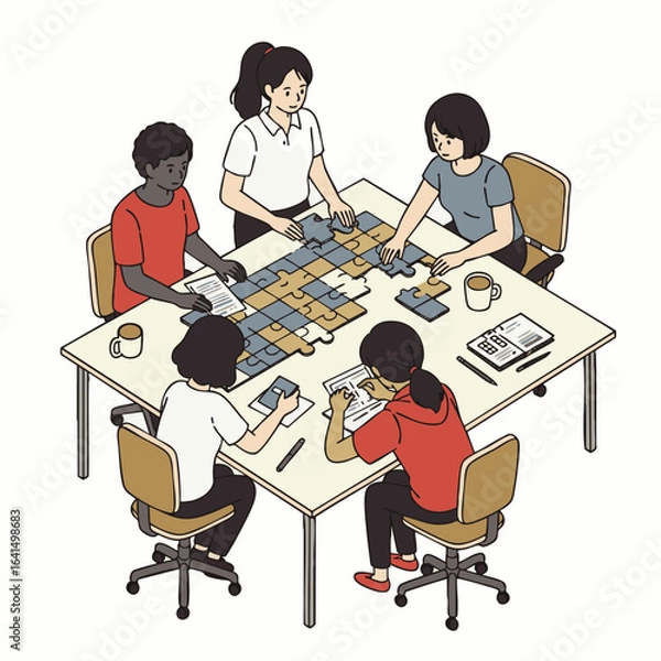 Obraz Diverse colleagues collaborate on a large puzzle, symbolizing effective teamwork, strategic thinking, and shared problem-solving within a dynamic business or educational environment.