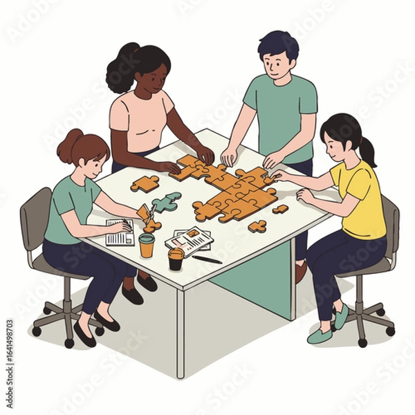 Obraz Four diverse individuals collaboratively assembling a complex jigsaw puzzle on a white table, illustrating teamwork and problem-solving.