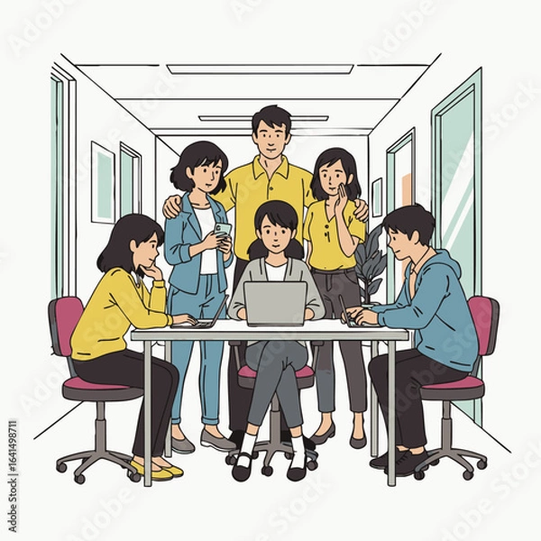 Obraz A diverse team of professional colleagues effectively collaborates around a table in a modern office setting, fostering innovation and productivity.