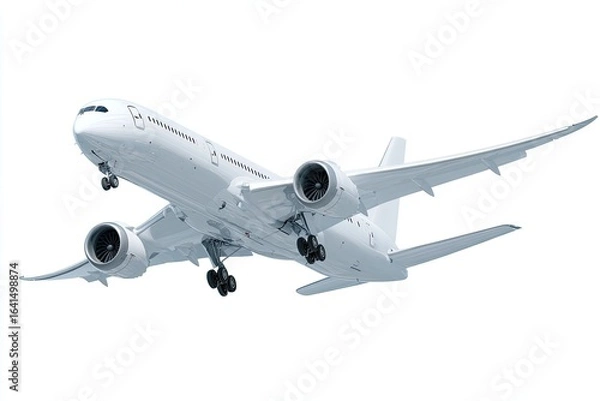 Obraz White passenger jet in mid-flight against a white background