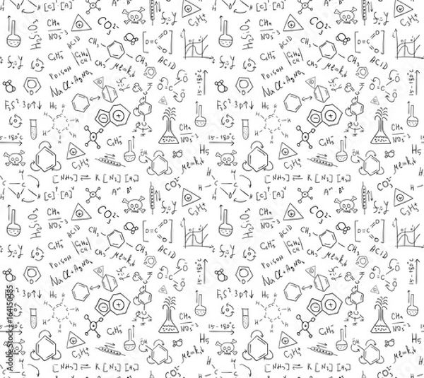 Fototapeta Seamless pattern of chaotically located chemical formulas, records, doodles. Included in swatches window.