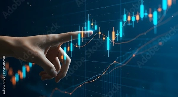Obraz Gráfico del mercado de valores en la pantalla virtual con remix digital de la mano de la mujer