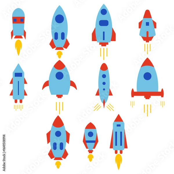 Obraz Rocket Flying Icon Elements Set – Flat Space Rocketship Vector Collection