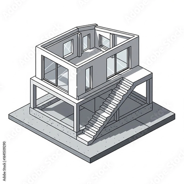 Fototapeta 3D render of a residential home with architectural plans and blueprint illustrations