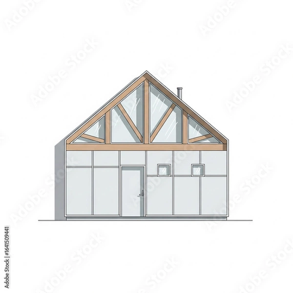 Fototapeta An illustrated 3D house model on a white background, featuring a detailed residential building plan and architectural design