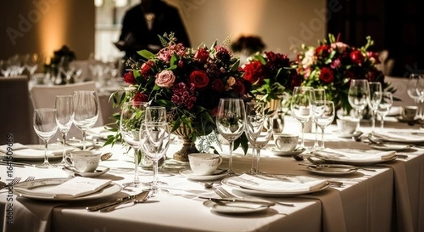 Fototapeta Elegant table set for formal dinner, floral centerpieces