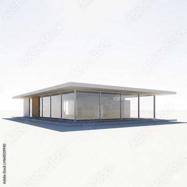 Fototapeta Modern home architecture with large windows, a wooden facade, and a blue sky over a residential building