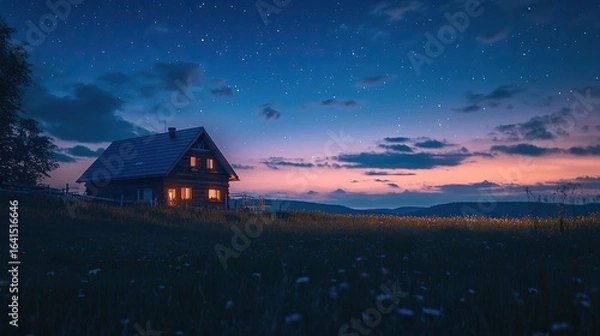 Fototapeta A cozy countryside under a deep blue twilight sky.