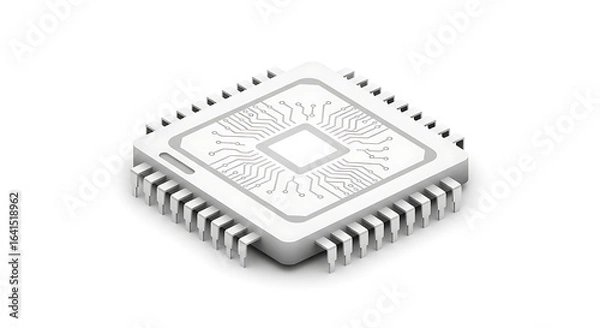 Fototapeta Close up of a white computer chip with intricate circuit patterns on a white background in a studio shot